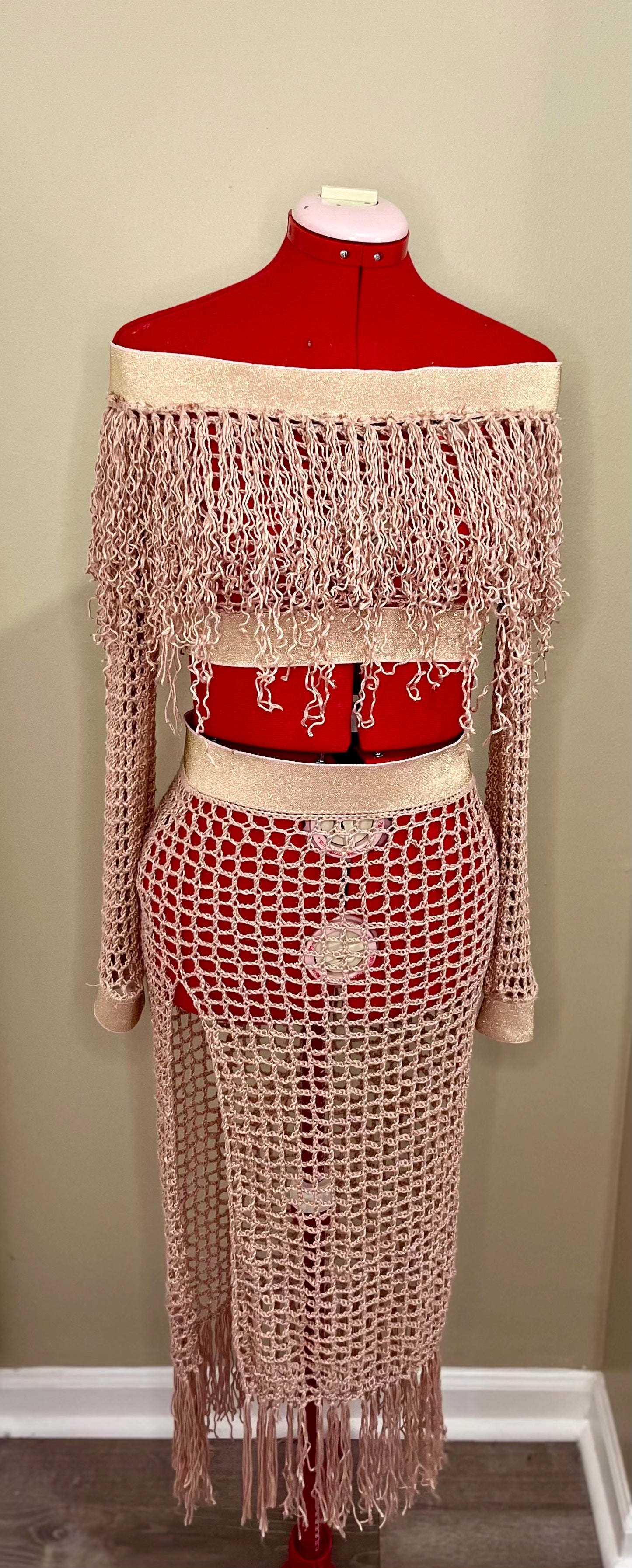 Sparkled Crochet fringe cover up 2 piece set